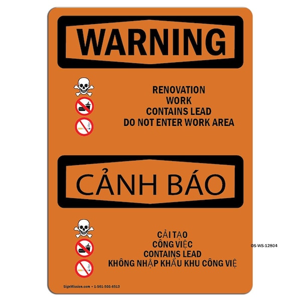Safety Sign, OSHA WARNING, 7" Height, Aluminum, Renovation Work Contains Lead, Landscape